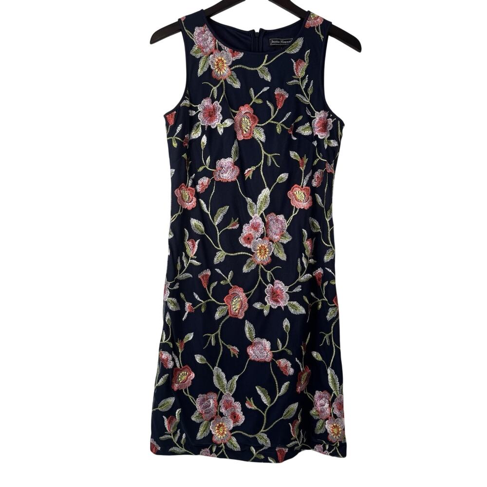 Jessica Howard Floral Embroidered Sleeveless Dress Women's Size 6 Navy Blue